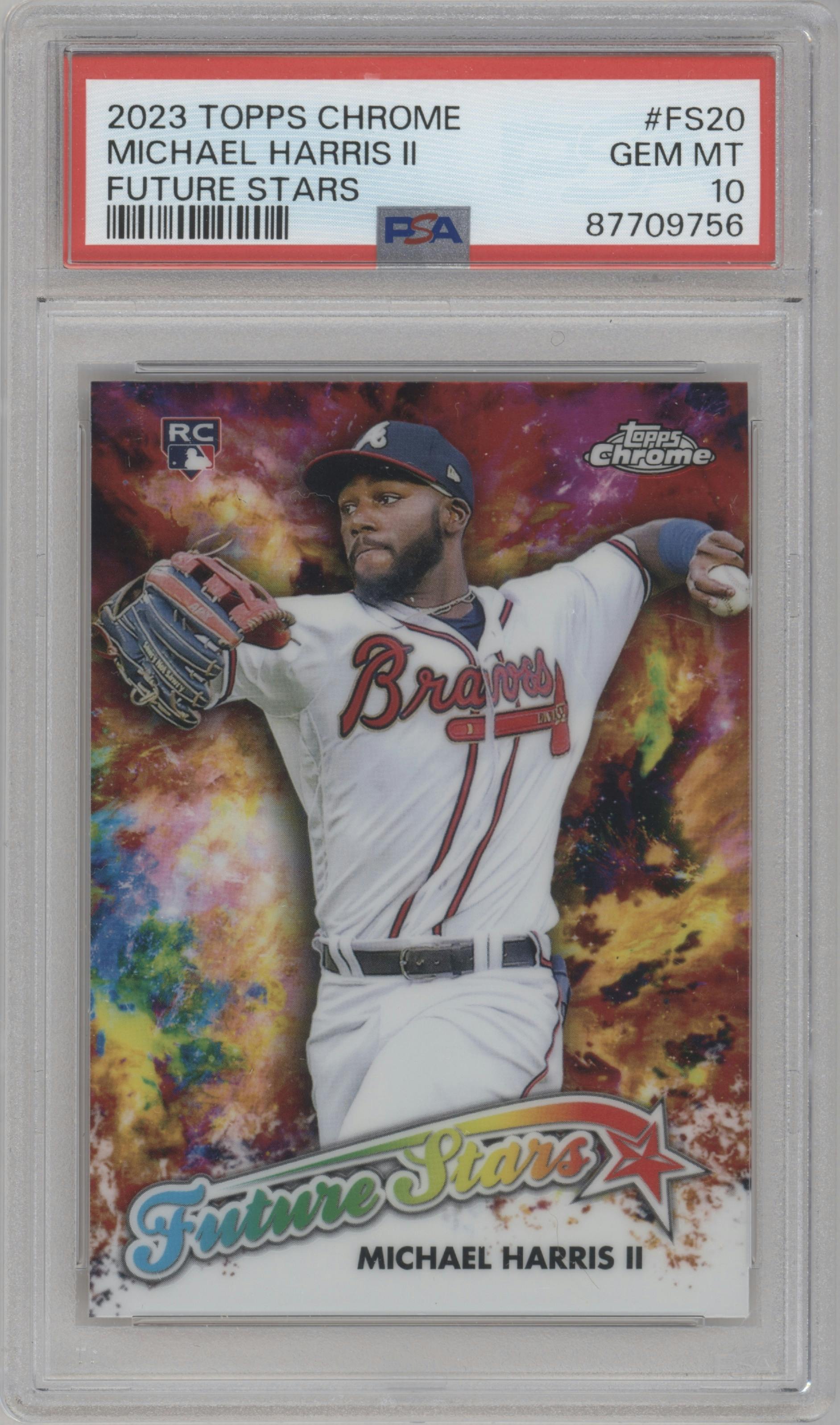 Michael Harris II from the 2023 Topps Chrome set graded by PSA and given an overall grade of 10.