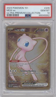 Mew ex from the 2023 Pokemon SV set featuring a Ultra-Premium Collection parallel graded by PSA and given an overall grade of 10.