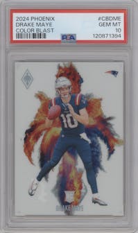 Drake Maye from the 2024 Panini Phoenix set graded by PSA and given an overall grade of 10.