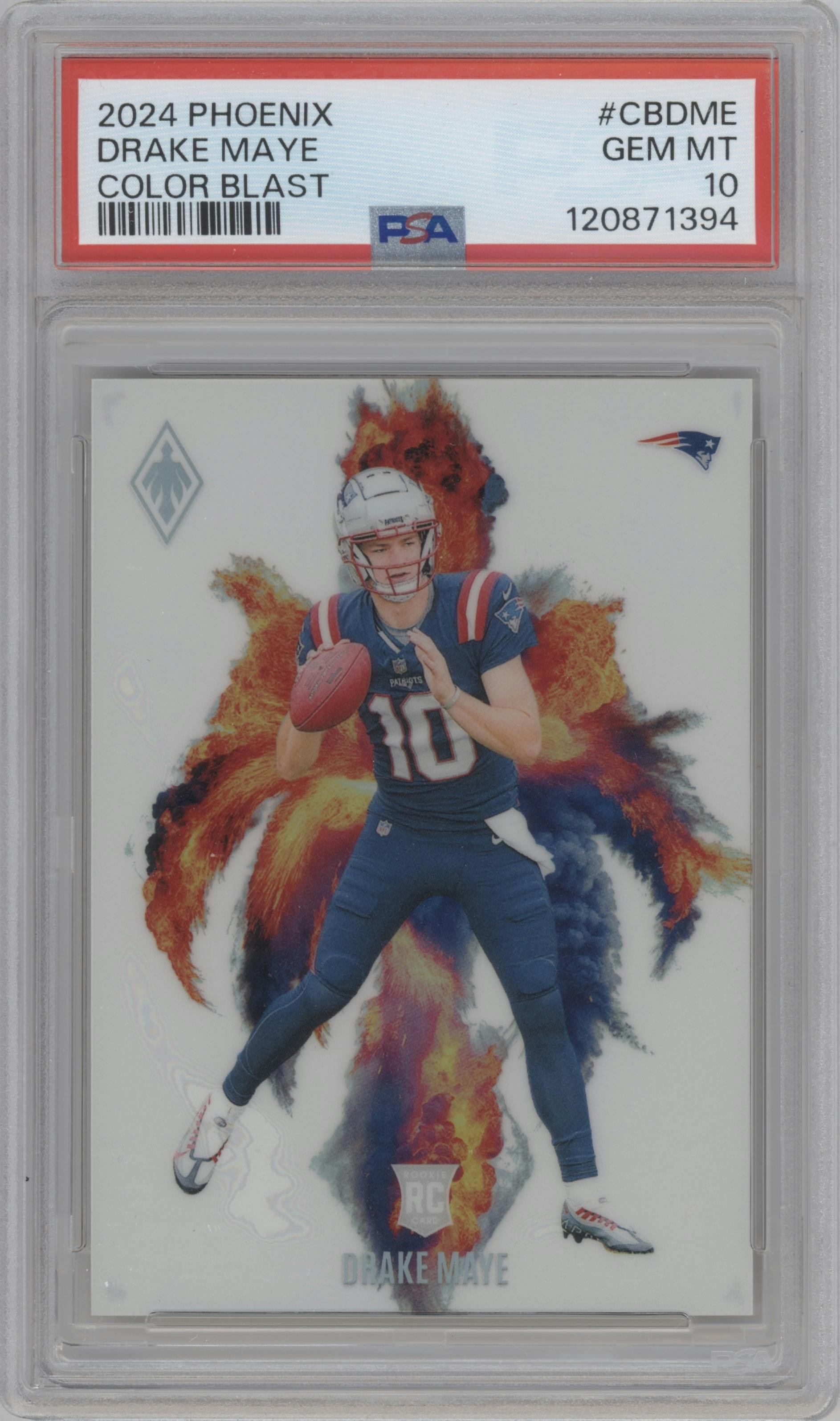 Drake Maye from the 2024 Panini Phoenix set graded by PSA and given an overall grade of 10.