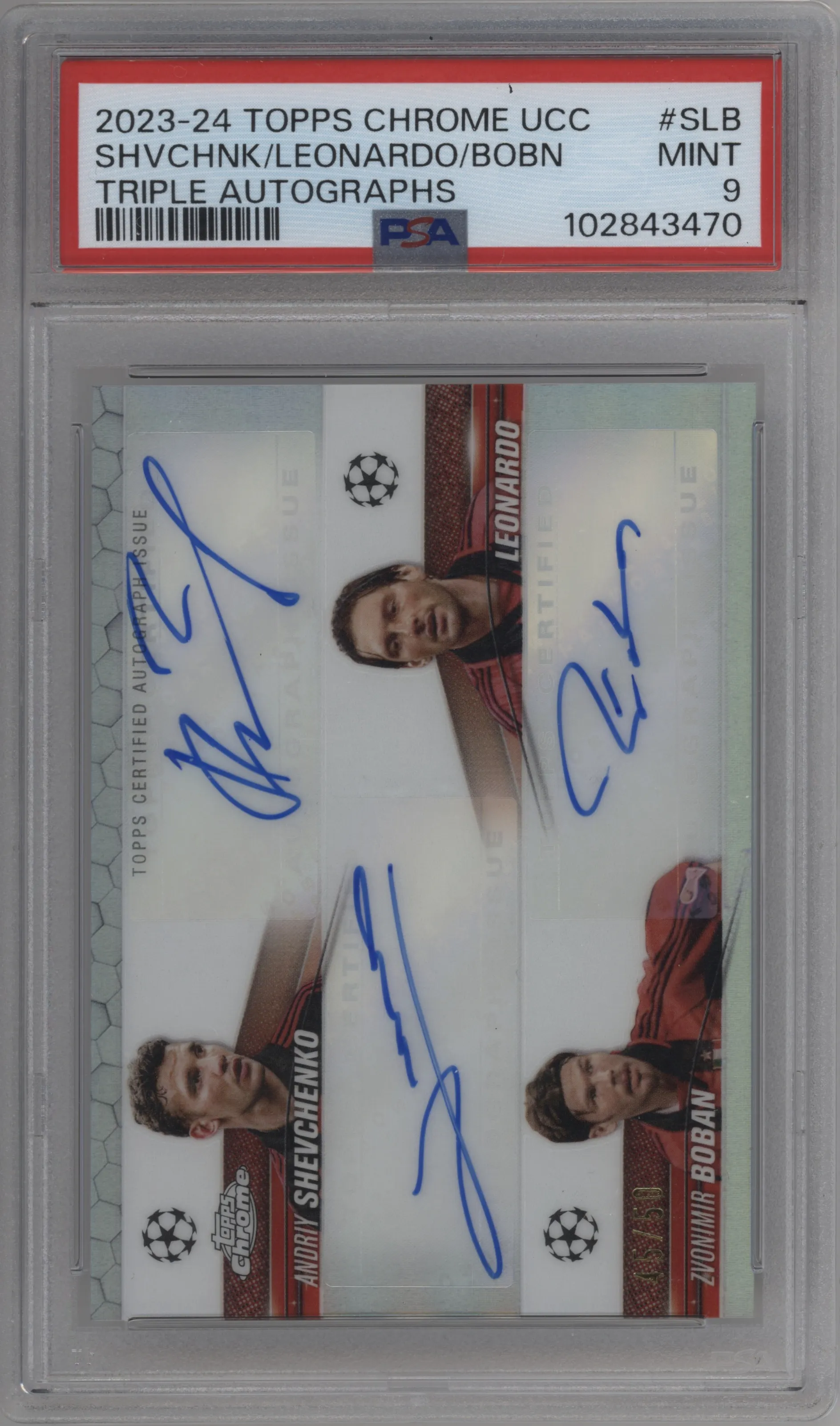 2023 Topps Chrome UEFA Club Competitions Triple Auto Andriy Shevchenko/Leonardo/Zvonimir Boban #TA-SLB PSA 9