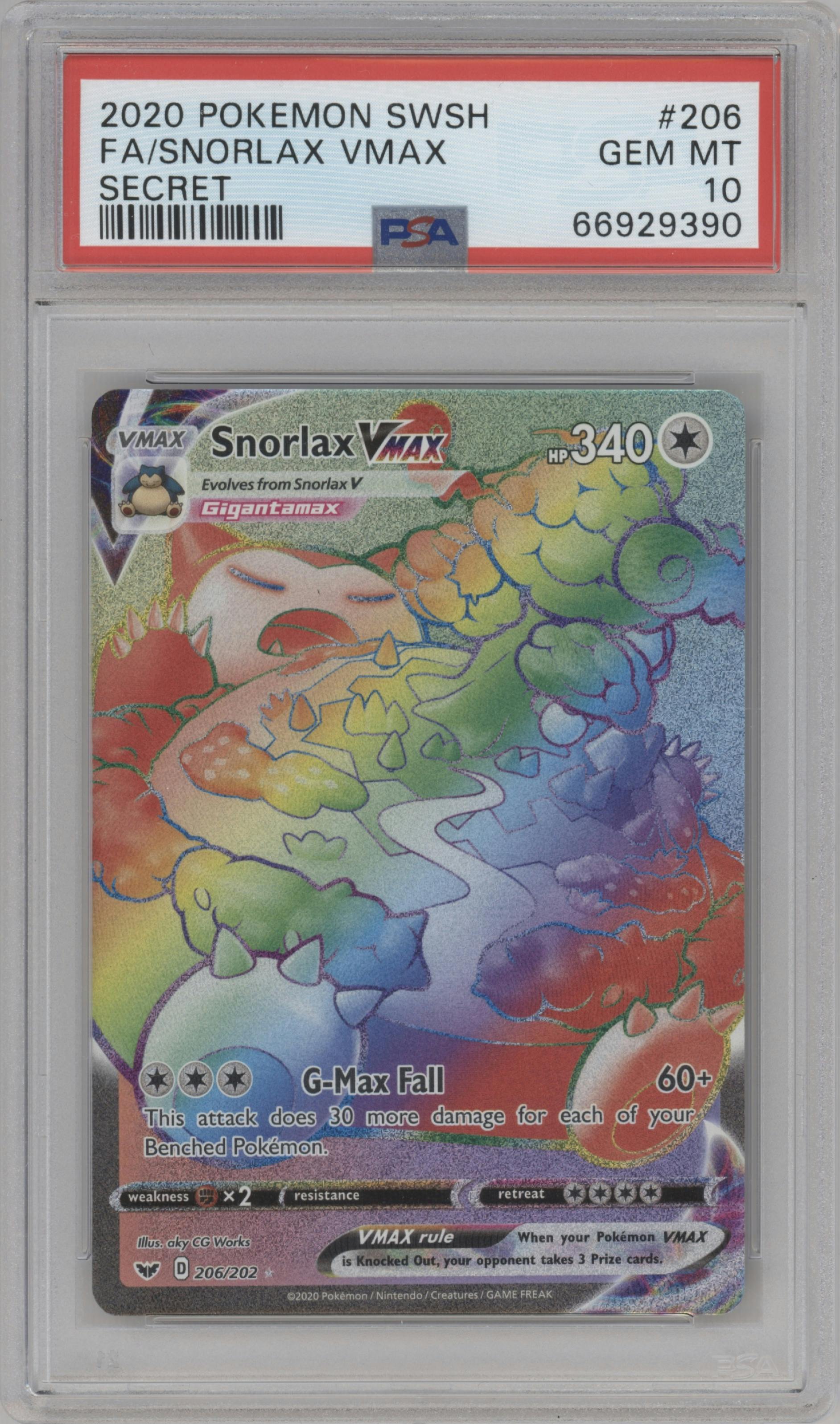 Snorlax VMAX from the 2020 Pokemon SWSH set graded by PSA and given an overall grade of 10.