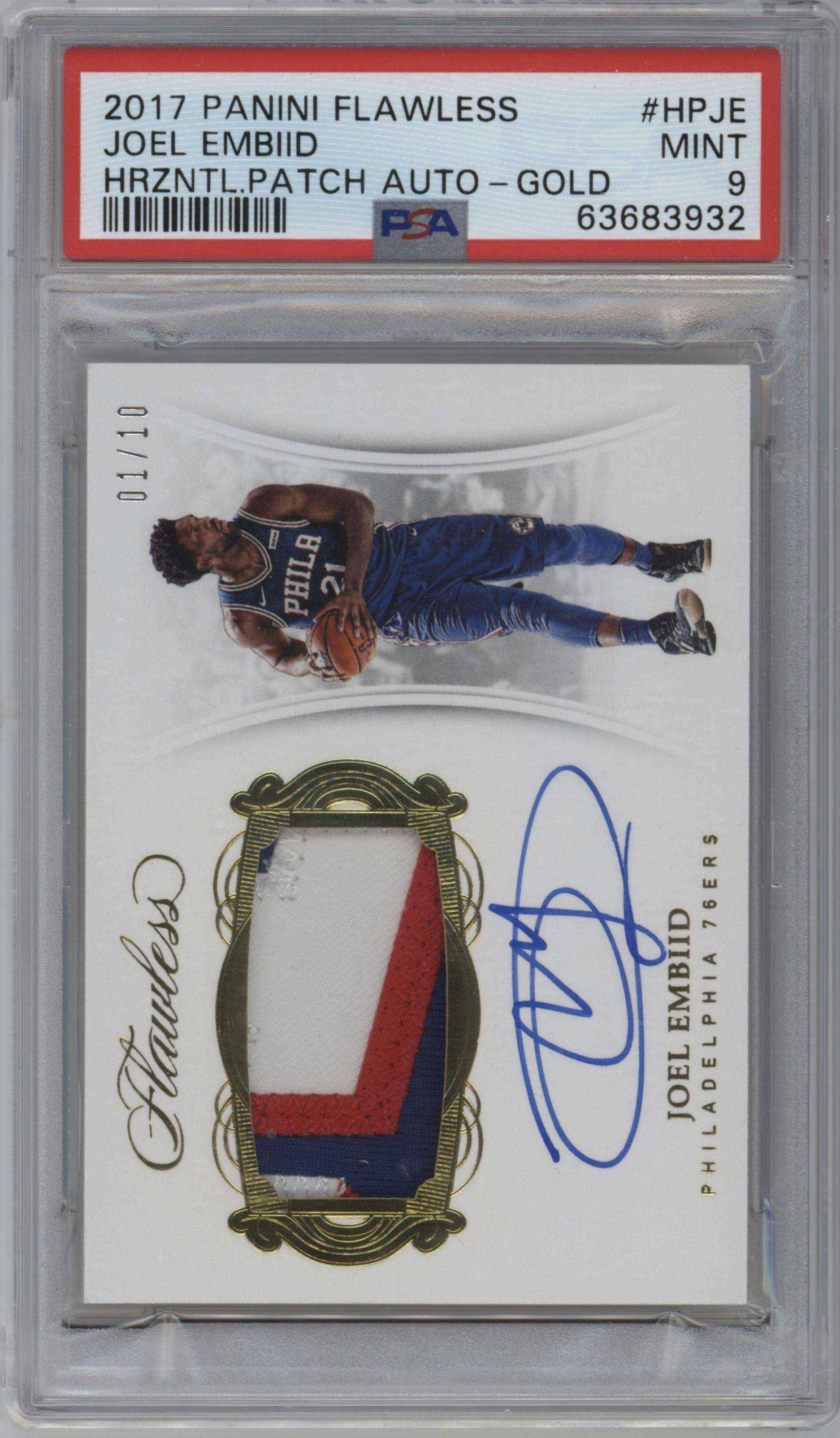 Joel Embiid from the 2017-18 Panini Flawless set featuring a Gold parallel graded by PSA and given an overall grade of 9.