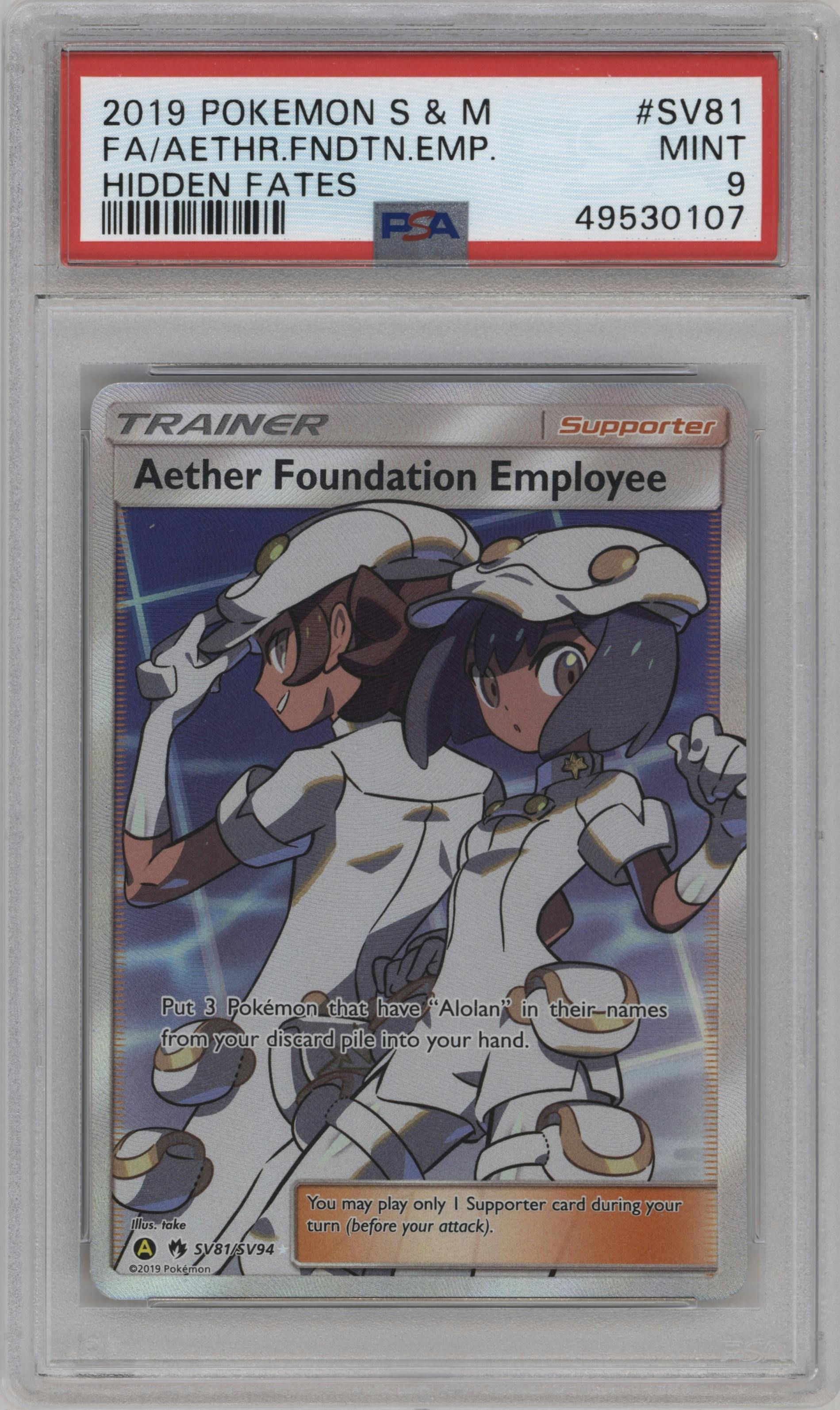 Aether Foundation Employee from the 2019 Pokemon S&M  set graded by PSA and given an overall grade of 9.