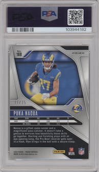 Puka Nacua from the 2024 Panini Prizm set featuring a Forest Camo parallel graded by PSA and given an overall grade of 10.