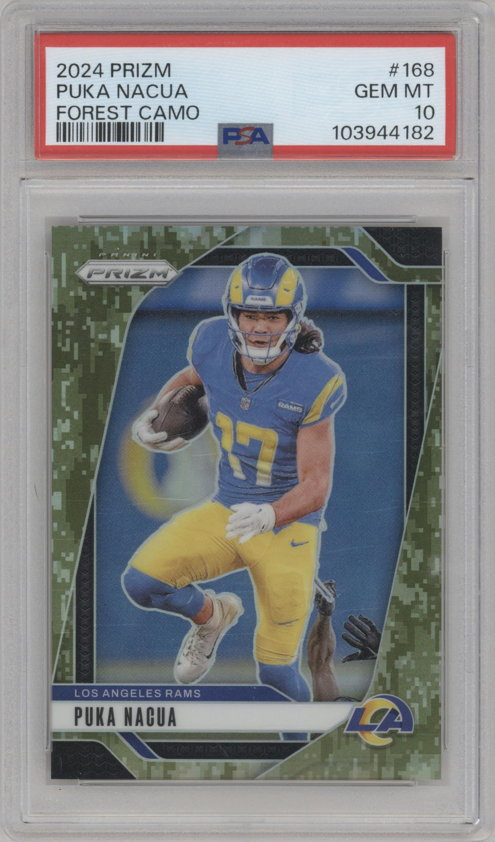 Puka Nacua from the 2024 Panini Prizm set featuring a Forest Camo parallel graded by PSA and given an overall grade of 10.