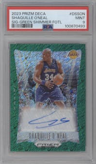 Shaquille O’Neal from the 2023-24 Panini Prizm Deca set featuring a FOTL Green Shimmer  parallel graded by PSA and given an overall grade of 9.