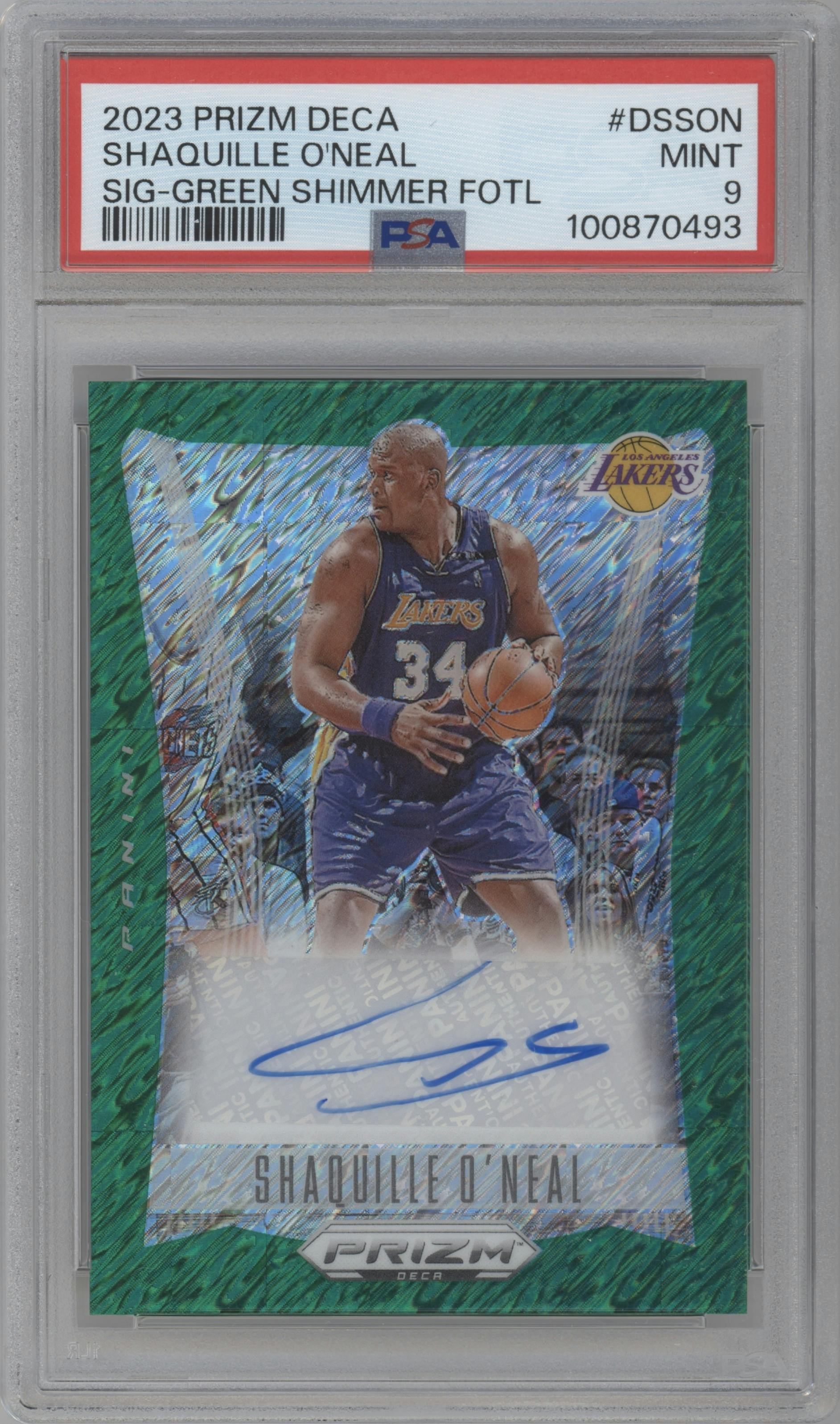Shaquille O’Neal from the 2023-24 Panini Prizm Deca set featuring a FOTL Green Shimmer  parallel graded by PSA and given an overall grade of 9.