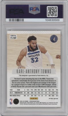 Karl-Anthony Towns from the 2021-22 Panini Prizm  set featuring a Gold Prizm parallel graded by PSA and given an overall grade of 9.