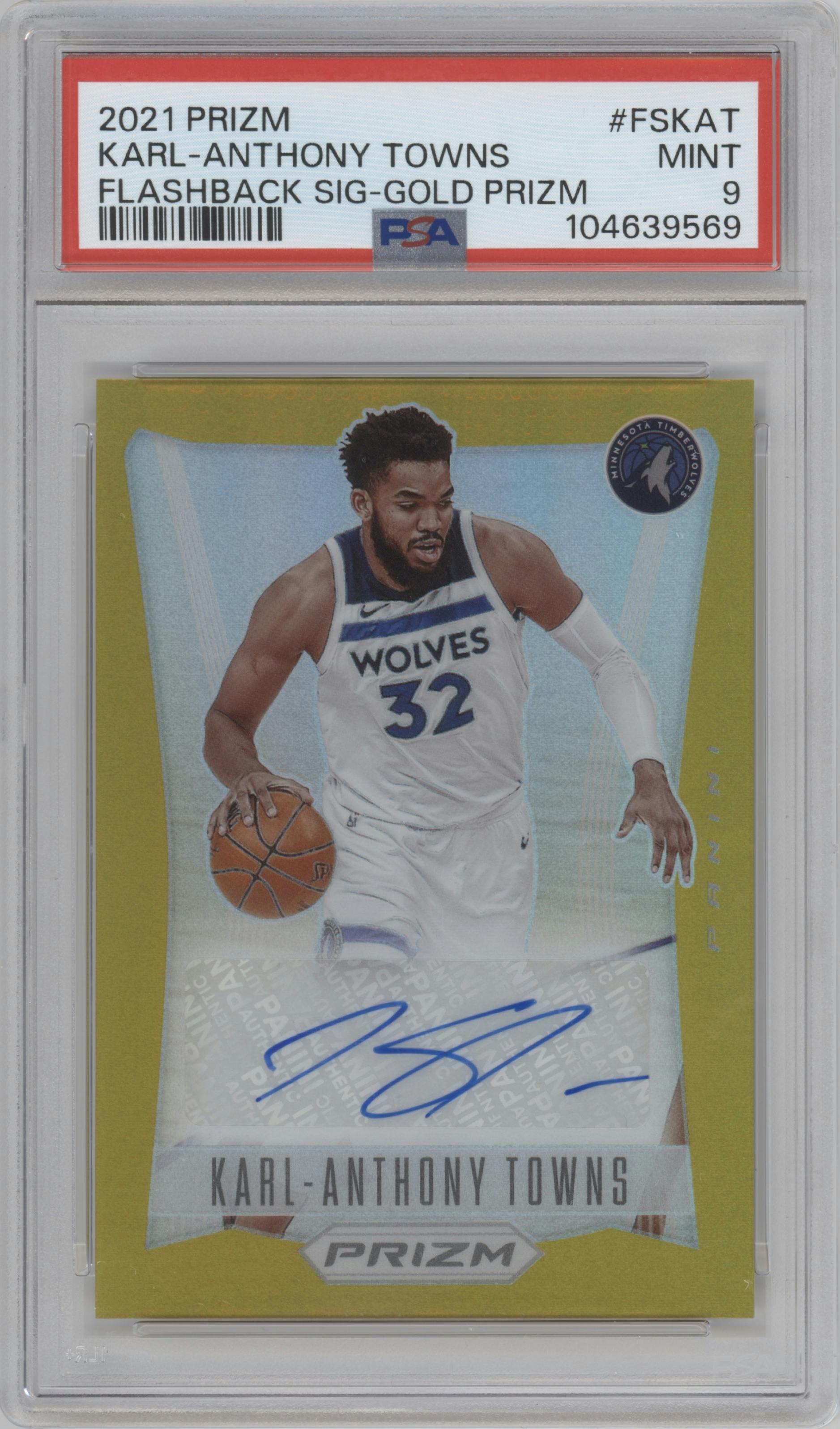 Karl-Anthony Towns from the 2021-22 Panini Prizm  set featuring a Gold Prizm parallel graded by PSA and given an overall grade of 9.