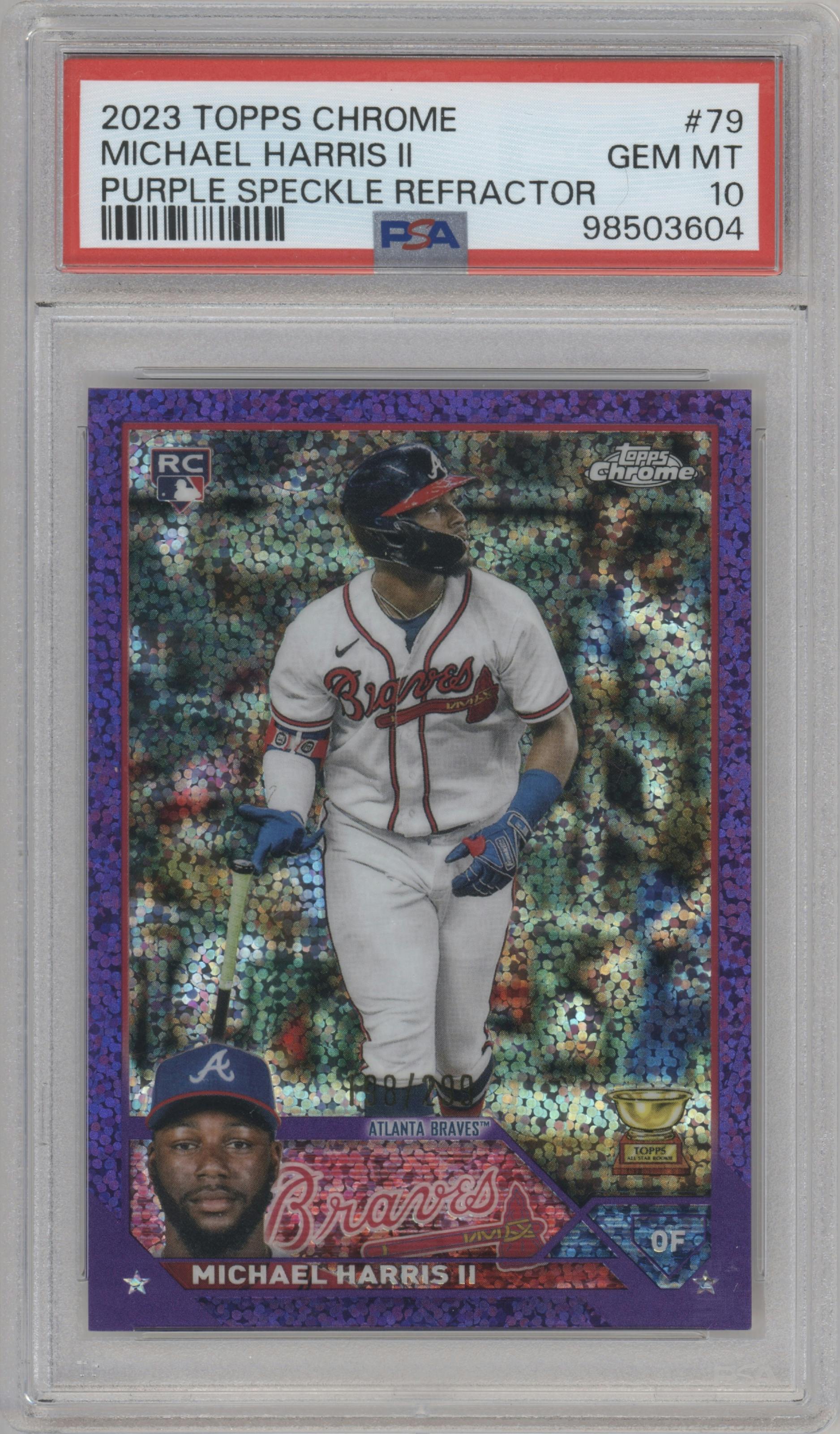 Michael Harris II from the 2023 Topps Chrome set featuring a Purple Speckle Refractor parallel graded by PSA and given an overall grade of 10.