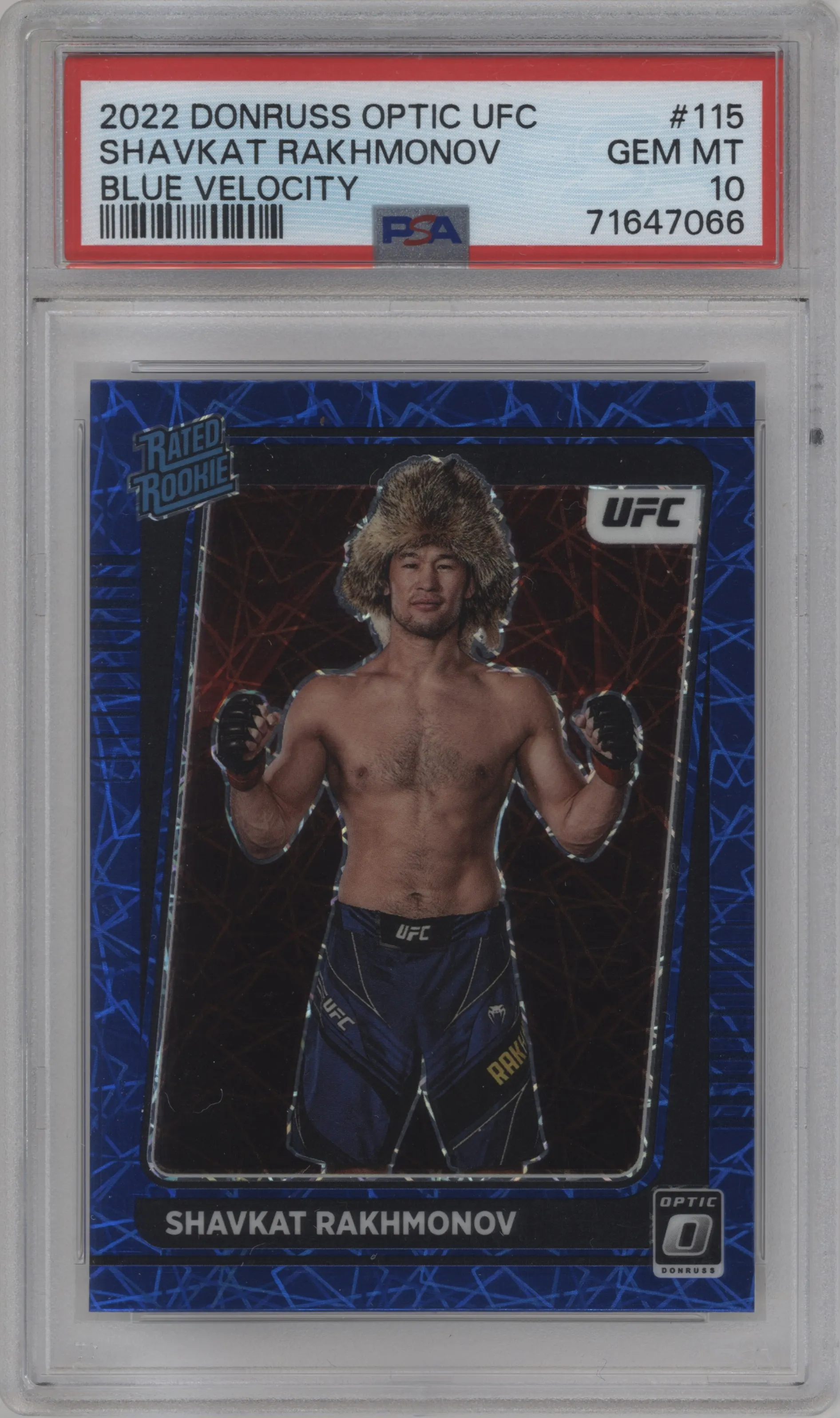 2022 Donruss Optic UFC Rated Rookie Shavkat Rakhmonov Blue Velocity PSA 10