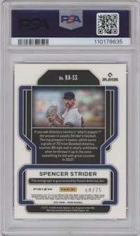 Spencer Strider from the 2022 Panini Prizm set featuring a Red Wave parallel graded by PSA and given an overall grade of 9.