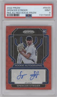 Spencer Strider from the 2022 Panini Prizm set featuring a Red Wave parallel graded by PSA and given an overall grade of 9.