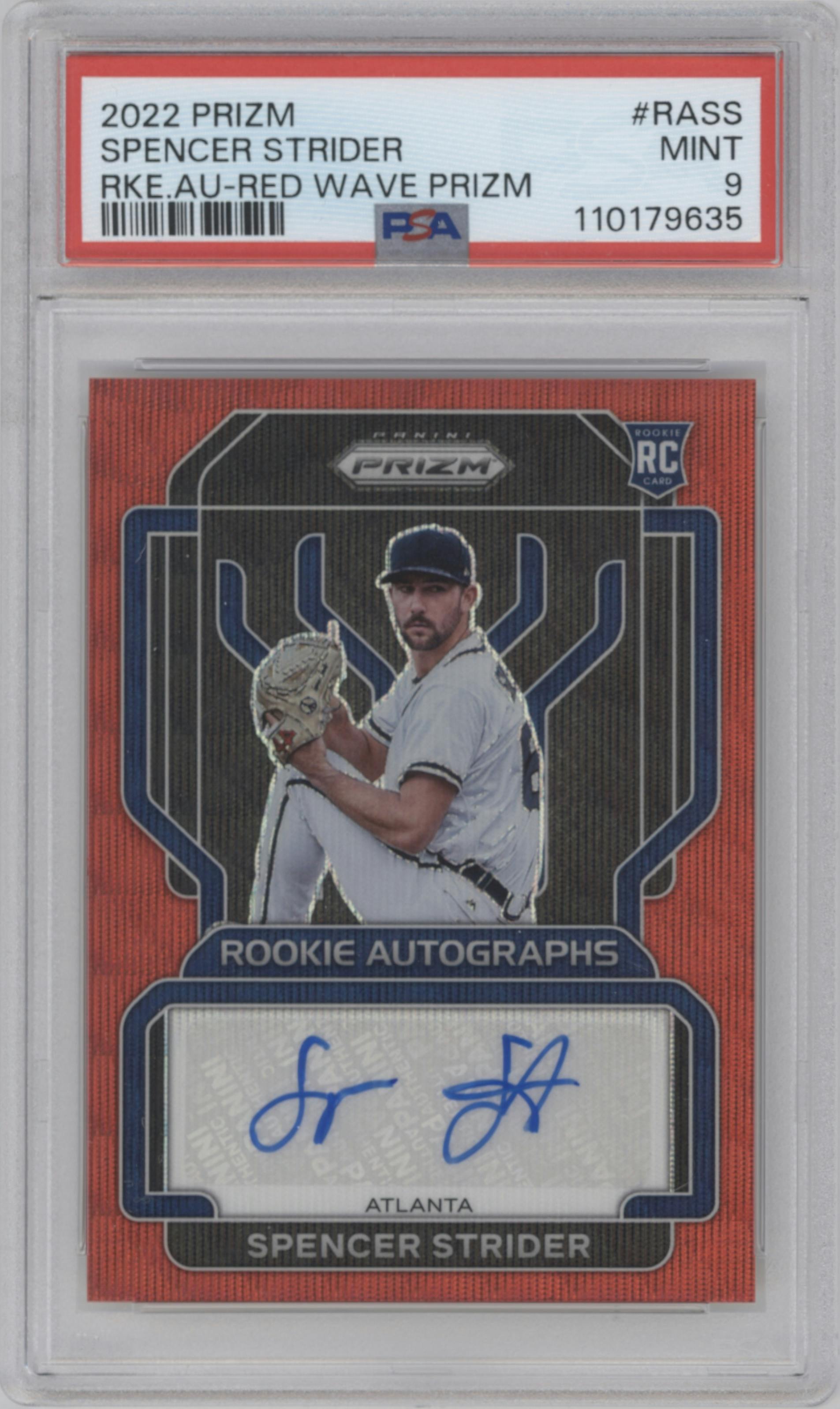 Spencer Strider from the 2022 Panini Prizm set featuring a Red Wave parallel graded by PSA and given an overall grade of 9.