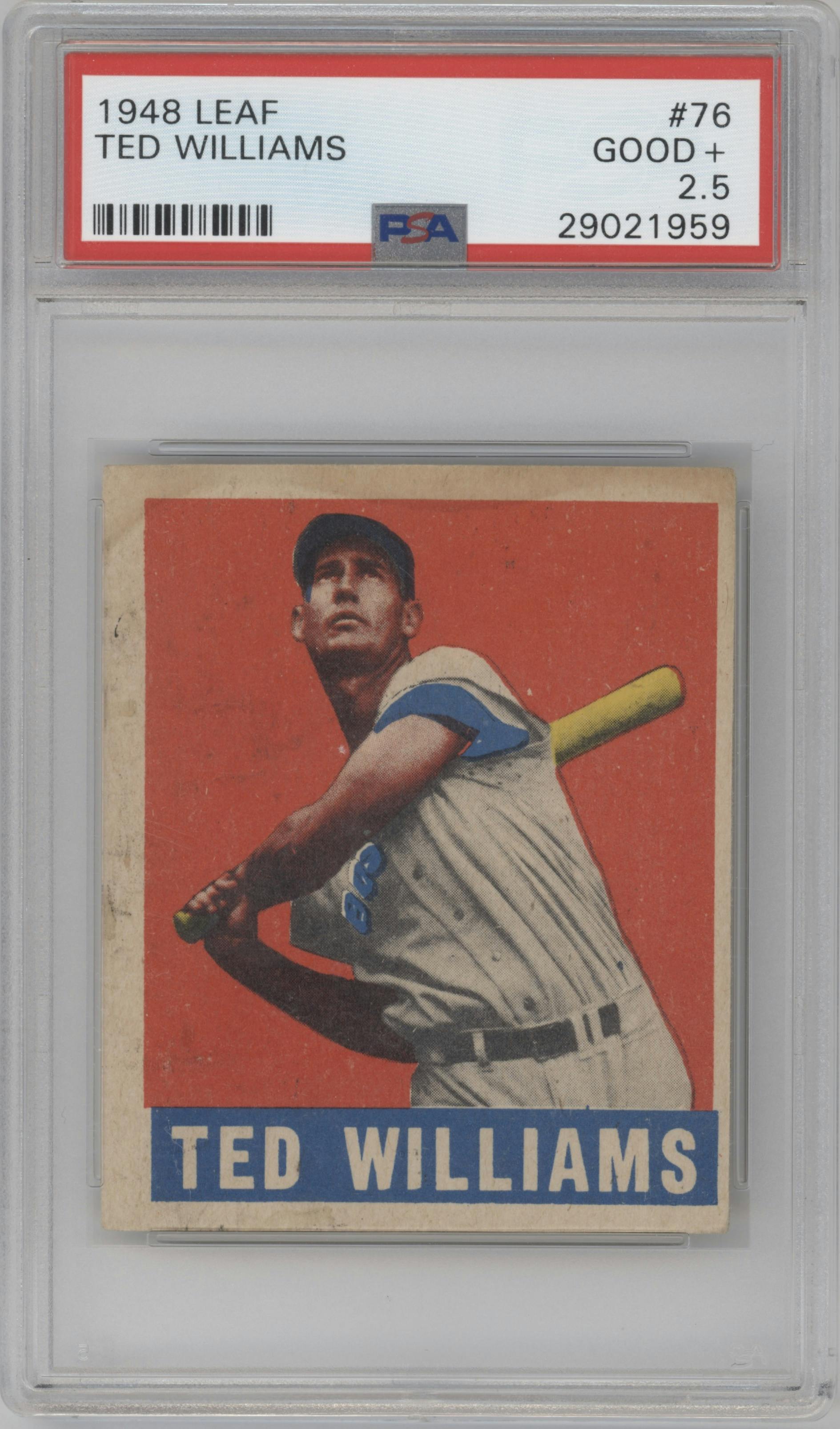 Ted Williams from the 1948-49 Leaf set graded by PSA and given an overall grade of 2.5.