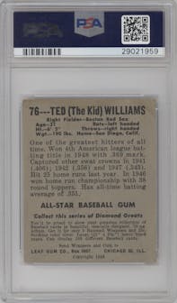 Ted Williams from the 1948-49 Leaf set graded by PSA and given an overall grade of 2.5.