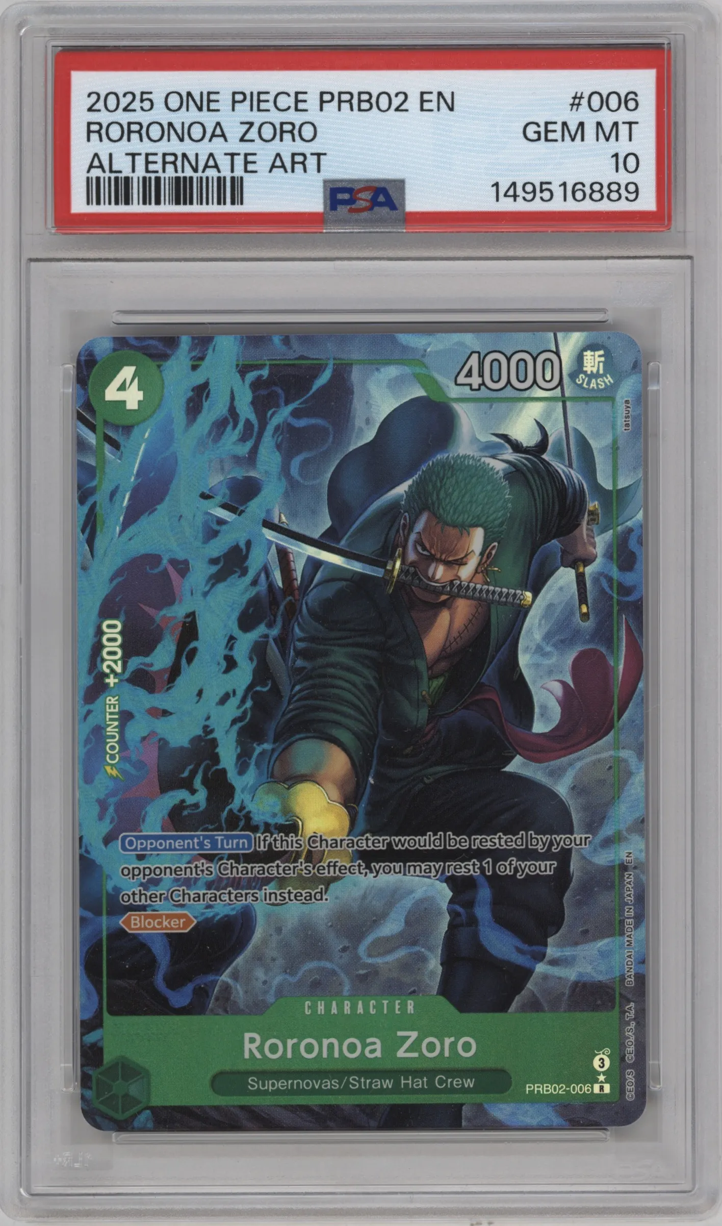 2025 One Piece PB The Best Roronoa Zoro Alternate Art R #PRB02-006 R PSA 10