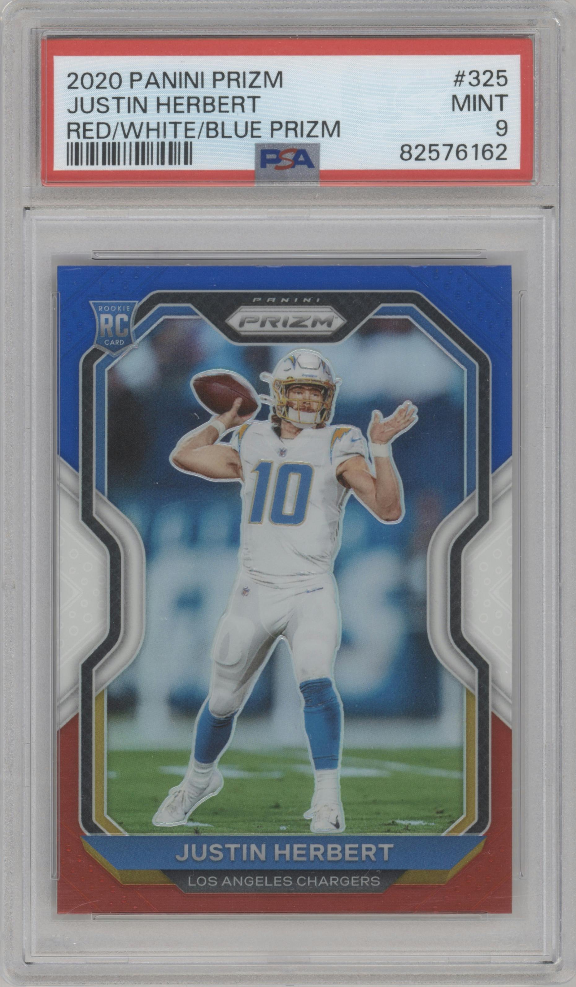 Justin Herbert from the 2020 Panini Prizm set featuring a Red/White/Blue Prizm parallel graded by PSA and given an overall grade of 9.