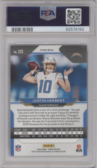 Justin Herbert from the 2020 Panini Prizm set featuring a Red/White/Blue Prizm parallel graded by PSA and given an overall grade of 9.