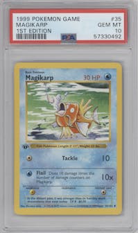 Magikarp from the 1999 Pokemon set graded by PSA and given an overall grade of 10.