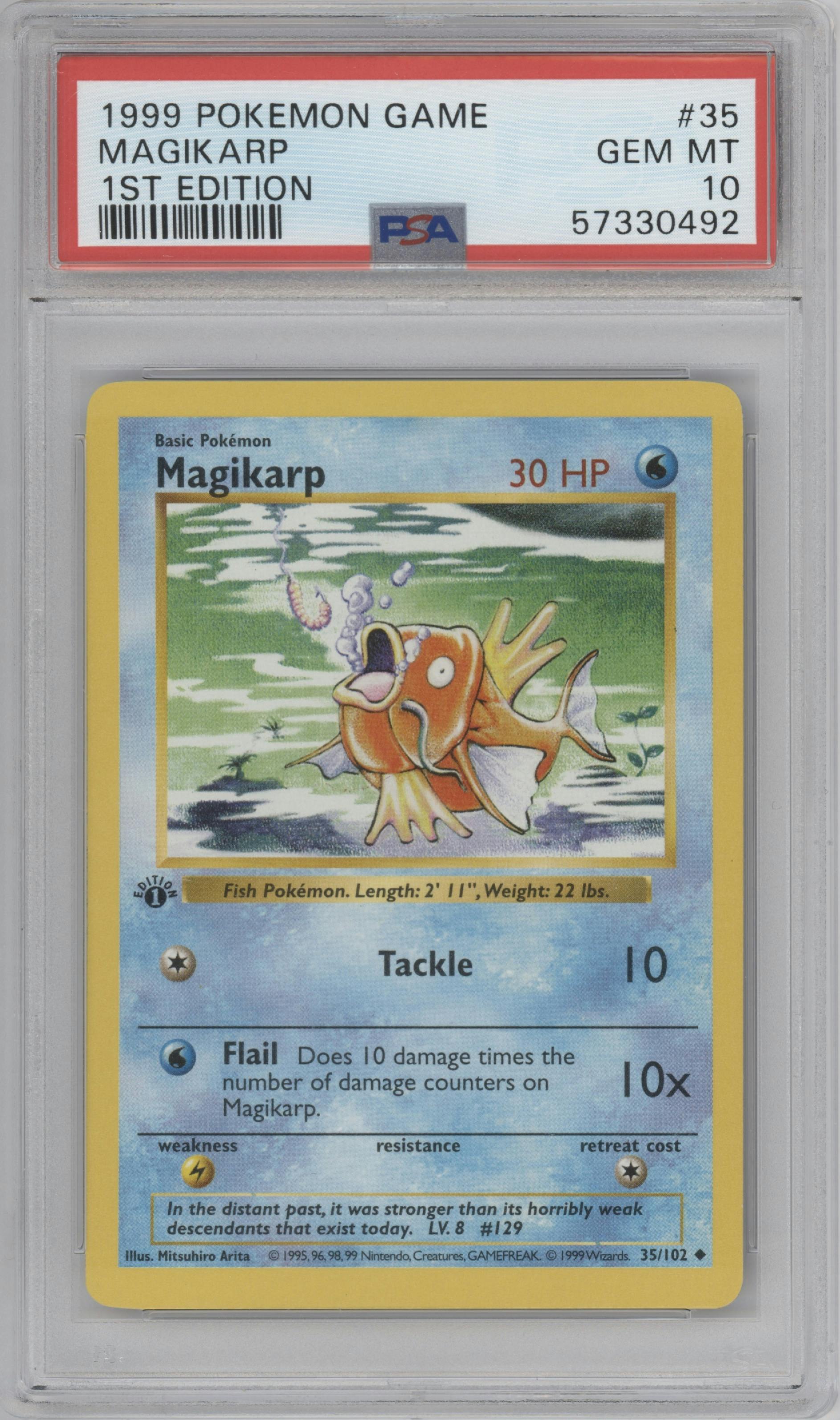 Magikarp from the 1999 Pokemon set graded by PSA and given an overall grade of 10.