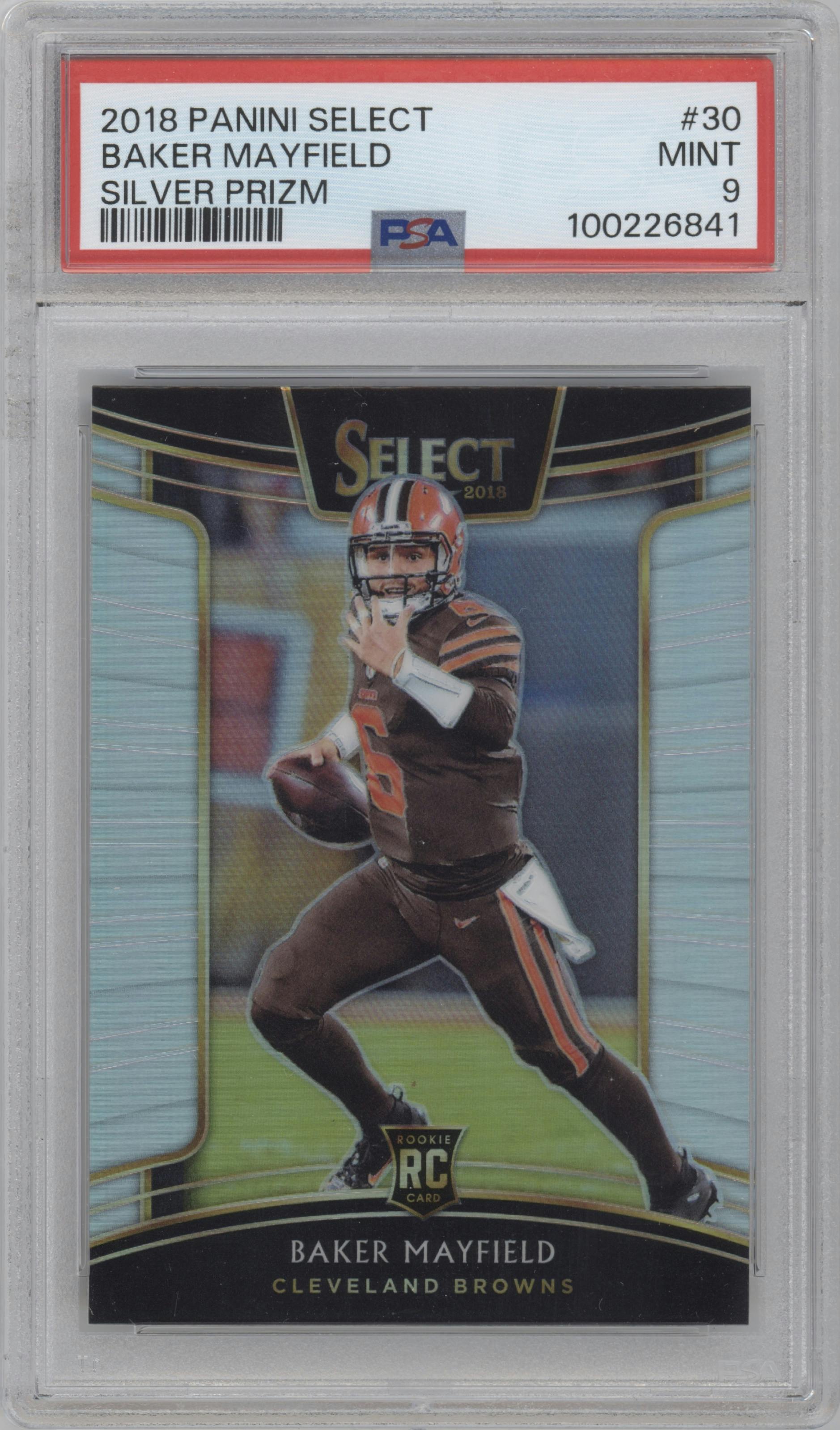Baker Mayfield from the 2018 Panini Select set featuring a Silver Prizm  parallel graded by PSA and given an overall grade of 9.