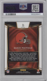 Baker Mayfield from the 2018 Panini Select set featuring a Silver Prizm  parallel graded by PSA and given an overall grade of 9.