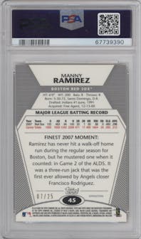 Manny Ramirez from the 2008 Topps Finest set featuring a Gold X-Fractor parallel graded by PSA and given an overall grade of 9.