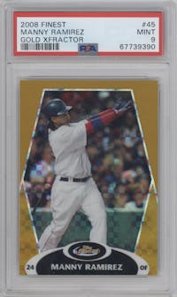 Manny Ramirez from the 2008 Topps Finest set featuring a Gold X-Fractor parallel graded by PSA and given an overall grade of 9.