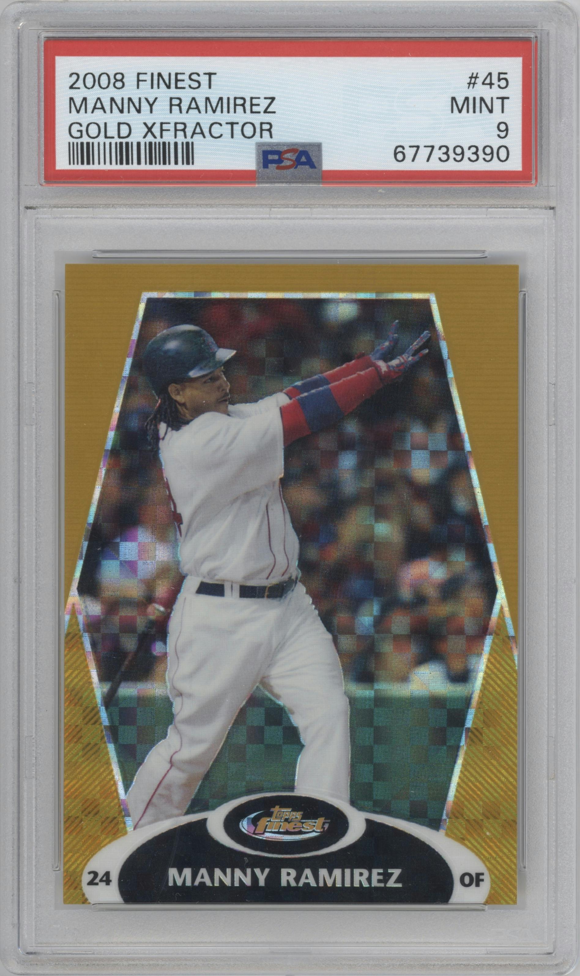 Manny Ramirez from the 2008 Topps Finest set featuring a Gold X-Fractor parallel graded by PSA and given an overall grade of 9.