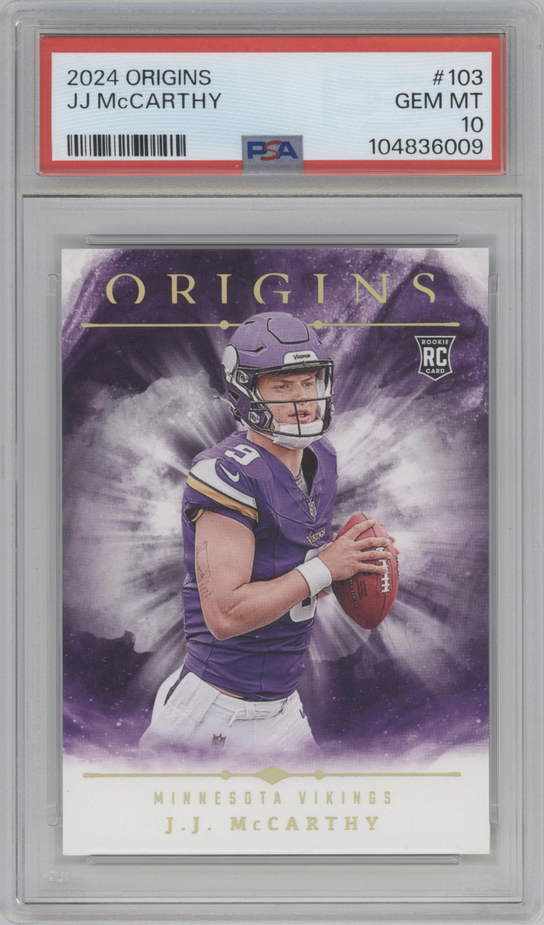 J.J. McCarthy from the 2024 Panini Origins set graded by PSA and given an overall grade of 10.