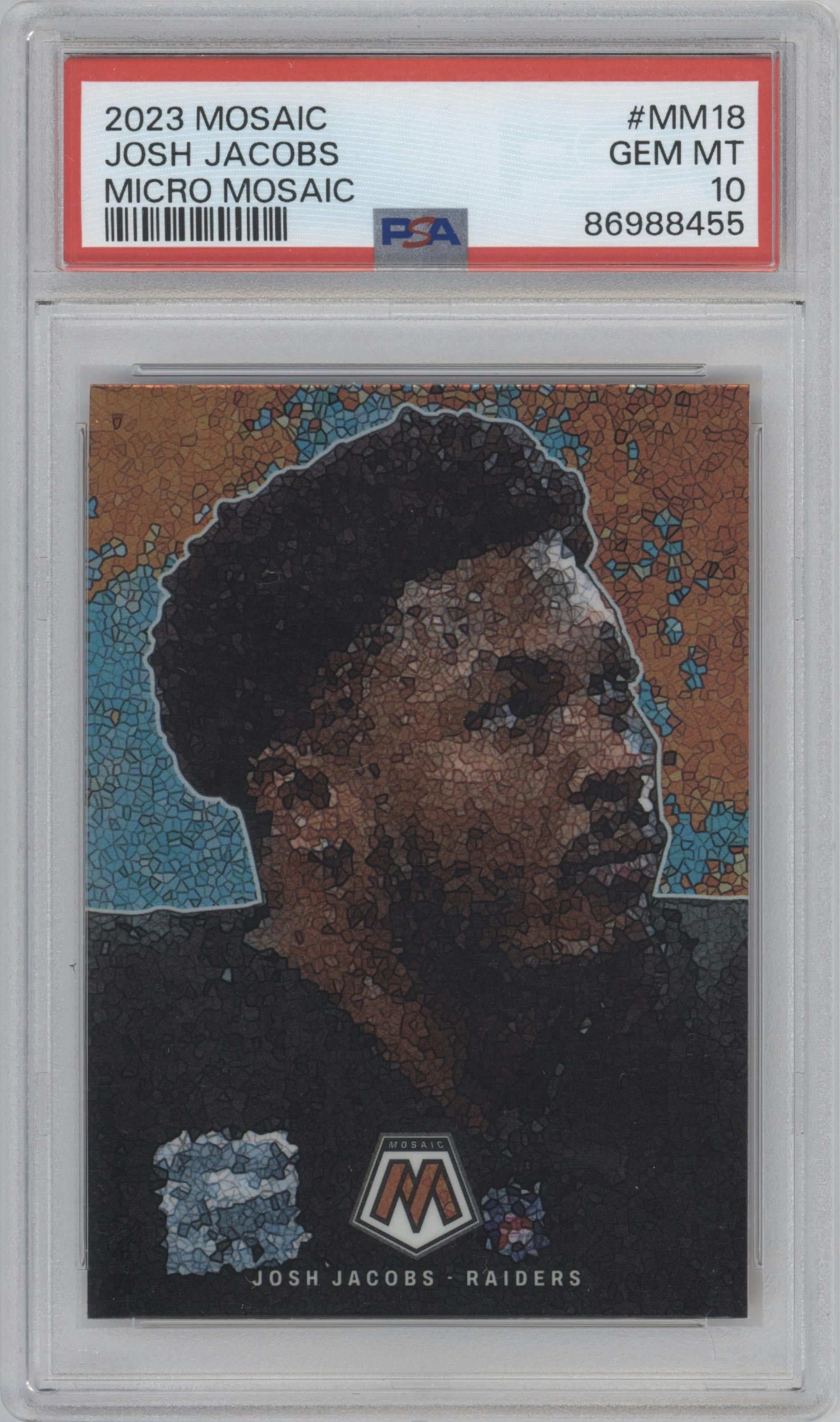 Josh Jacobs from the 2023 Panini Mosaic set graded by PSA and given an overall grade of 10.