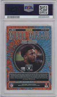 Josh Jacobs from the 2023 Panini Mosaic set graded by PSA and given an overall grade of 10.