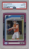 Bo Nix from the 2024 Donruss set featuring a Pink parallel graded by PSA and given an overall grade of 10.