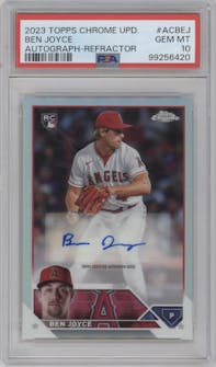Ben Joyce from the 2023 Topps Chrome Update set featuring a Refractor parallel graded by PSA and given an overall grade of 10.