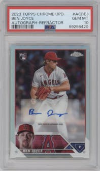 Ben Joyce from the 2023 Topps Chrome Update set featuring a Refractor parallel graded by PSA and given an overall grade of 10.