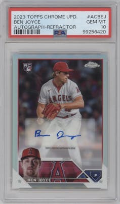 Ben Joyce from the 2023 Topps Chrome Update set featuring a Refractor parallel graded by PSA and given an overall grade of 10.