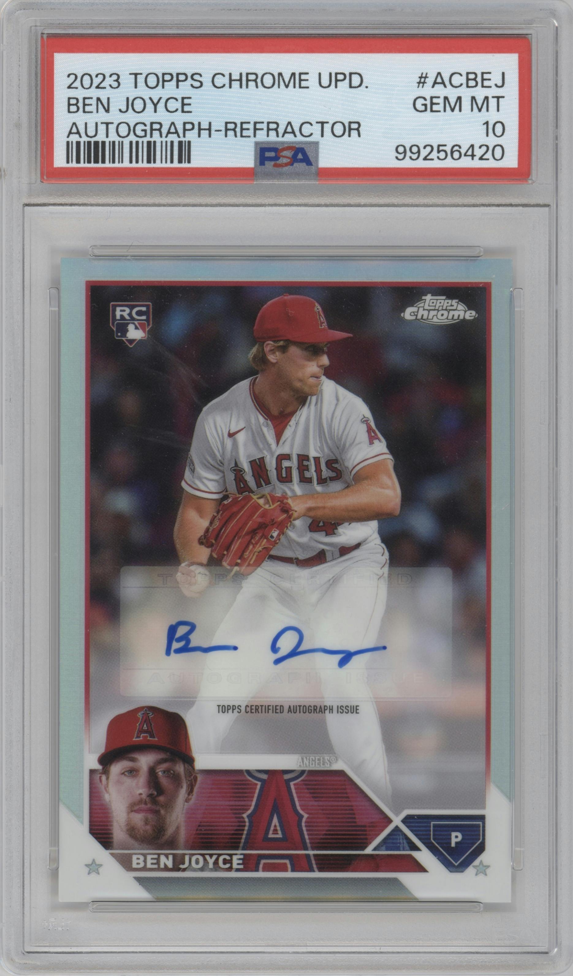 Ben Joyce from the 2023 Topps Chrome Update set featuring a Refractor parallel graded by PSA and given an overall grade of 10.