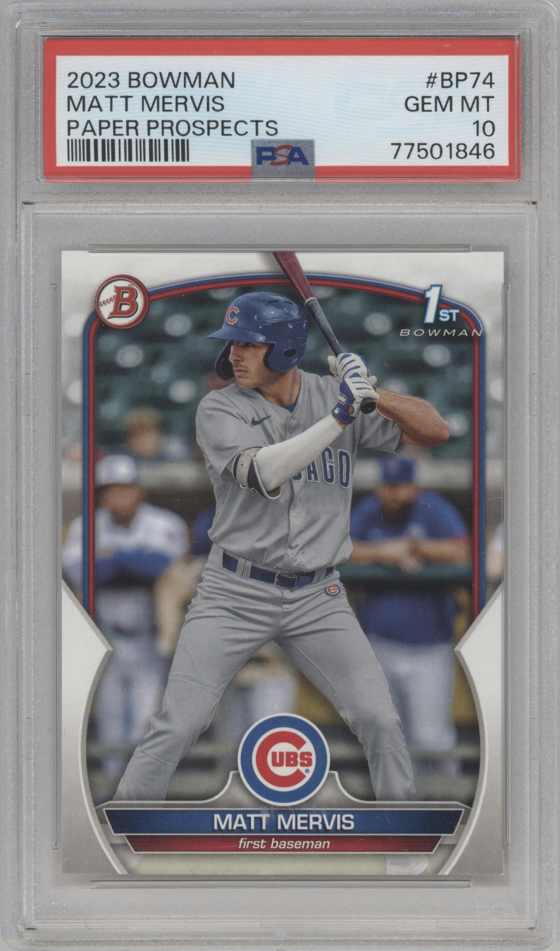 Matt Mervis from the 2023 Bowman  set graded by PSA and given an overall grade of 10.