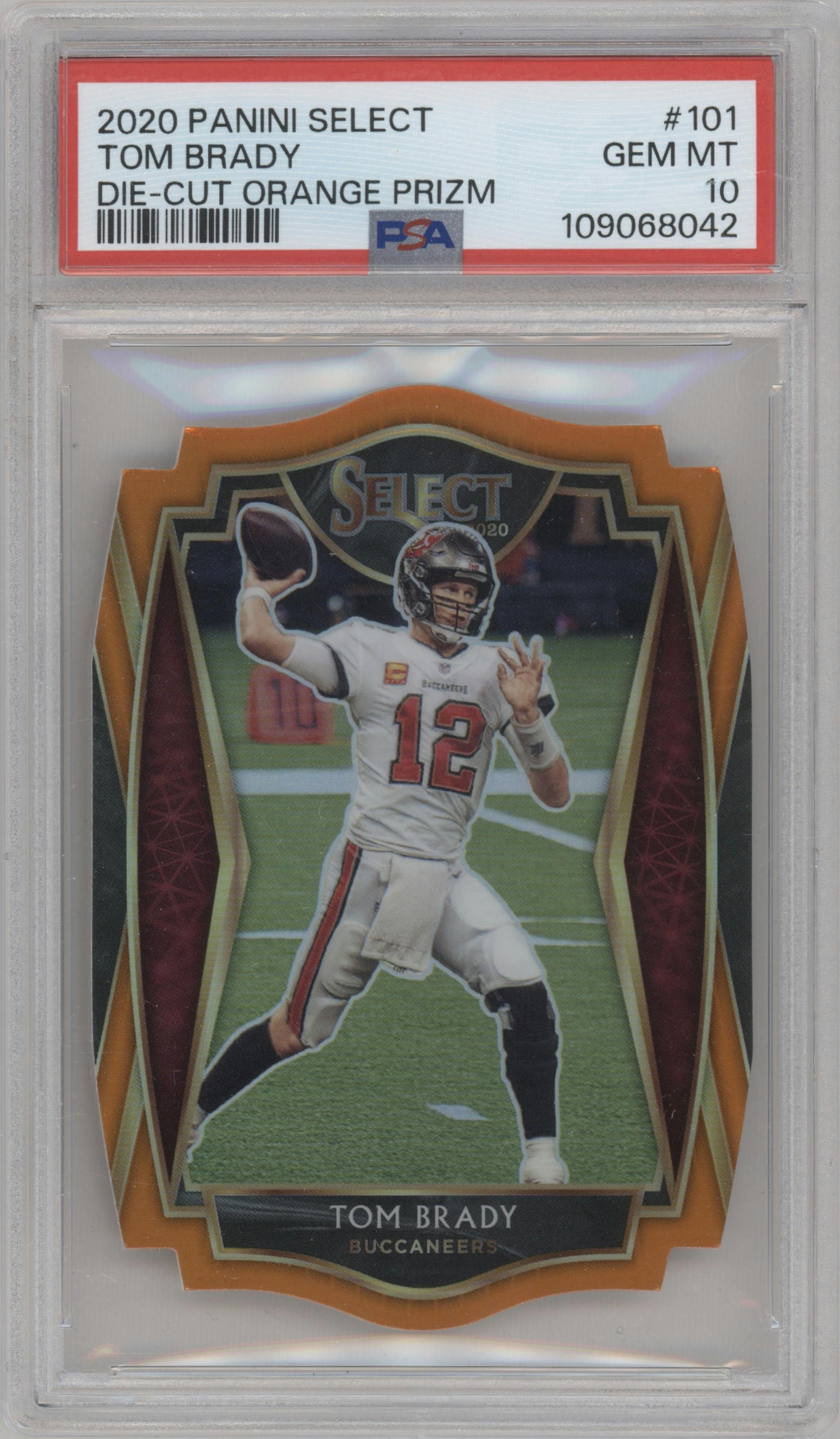 Tom Brady from the 2020 Panini Select set featuring a Die-Cut Orange parallel graded by PSA and given an overall grade of 10.