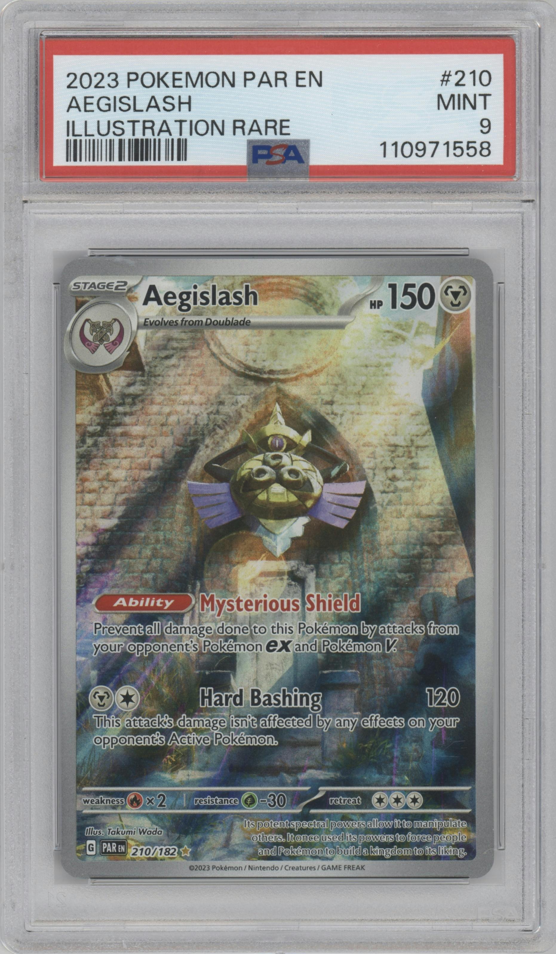 Aegislash from the 2023 Pokemon SV set graded by PSA and given an overall grade of 9.