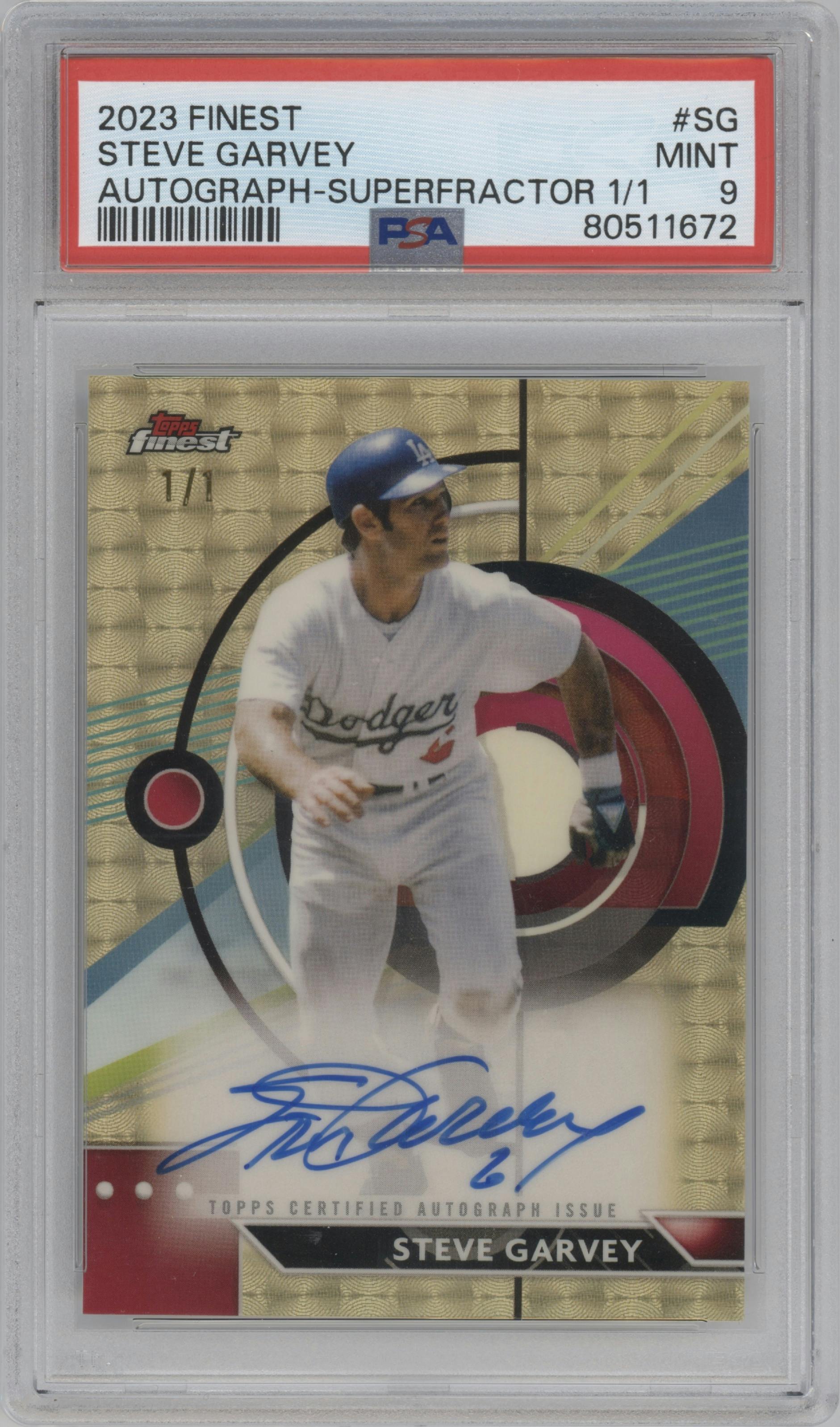 Steve Garvey from the 2023 Topps Finest set featuring a Superfractor parallel graded by PSA and given an overall grade of 9.