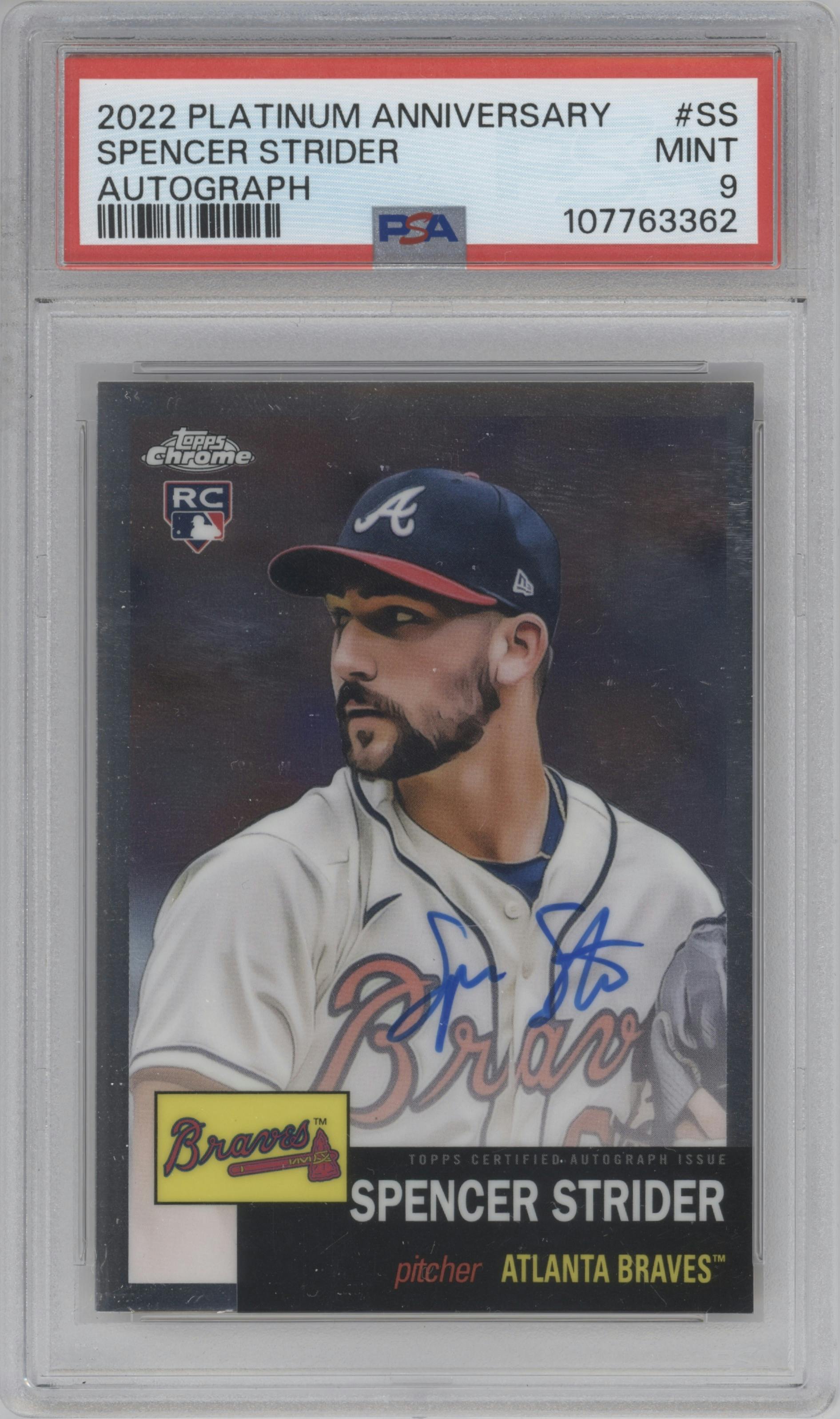 Spencer Strider from the 2022 Topps Chrome Platinum Anniversary set graded by PSA and given an overall grade of 9.