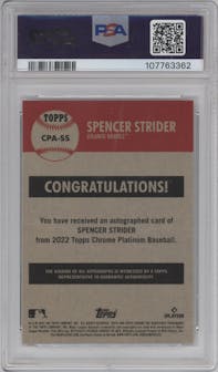 Spencer Strider from the 2022 Topps Chrome Platinum Anniversary set graded by PSA and given an overall grade of 9.