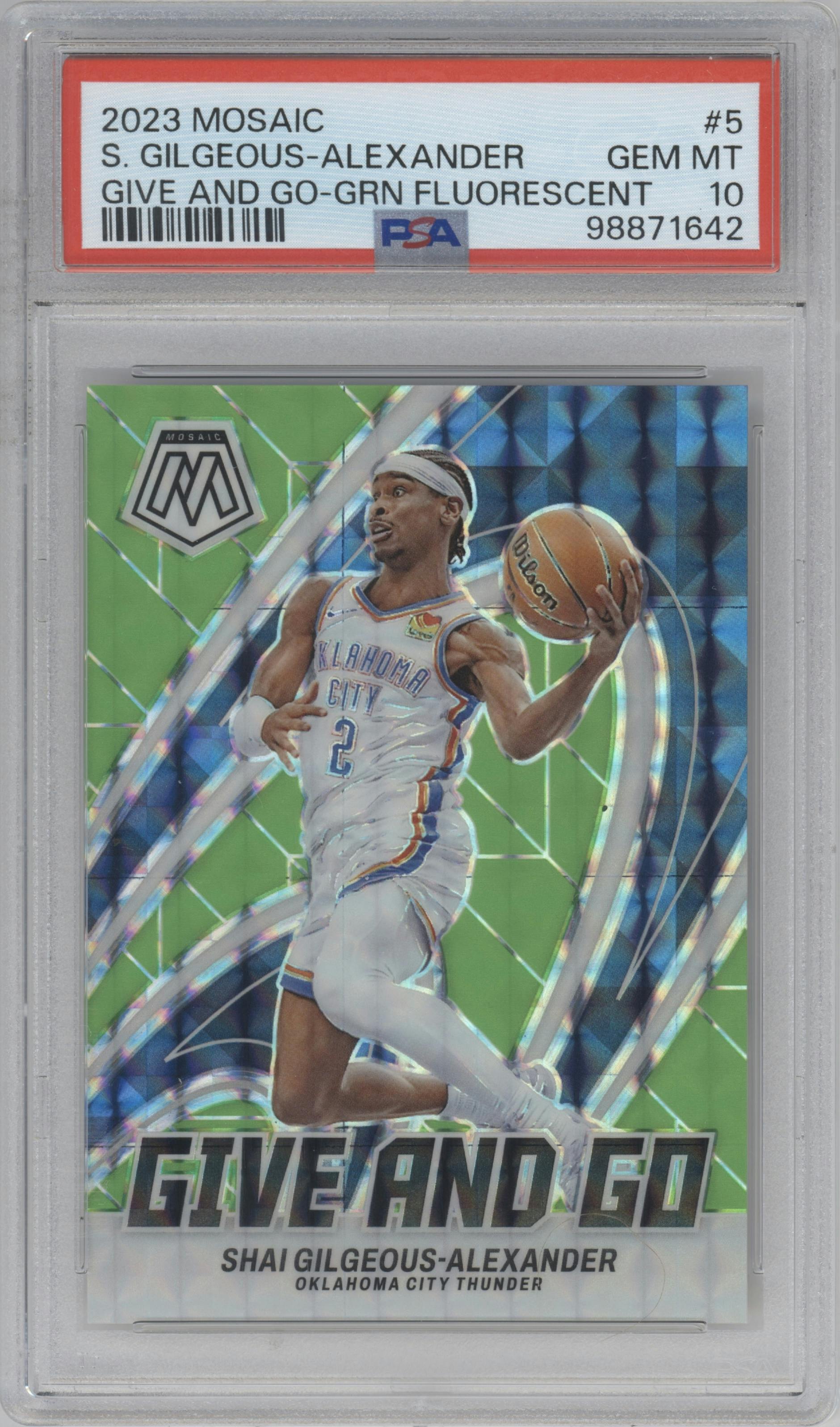 Shai Gilgeous-Alexander  from the 2023-24 Panini Mosaic set featuring a Green Fluorescent parallel graded by PSA and given an overall grade of 10.