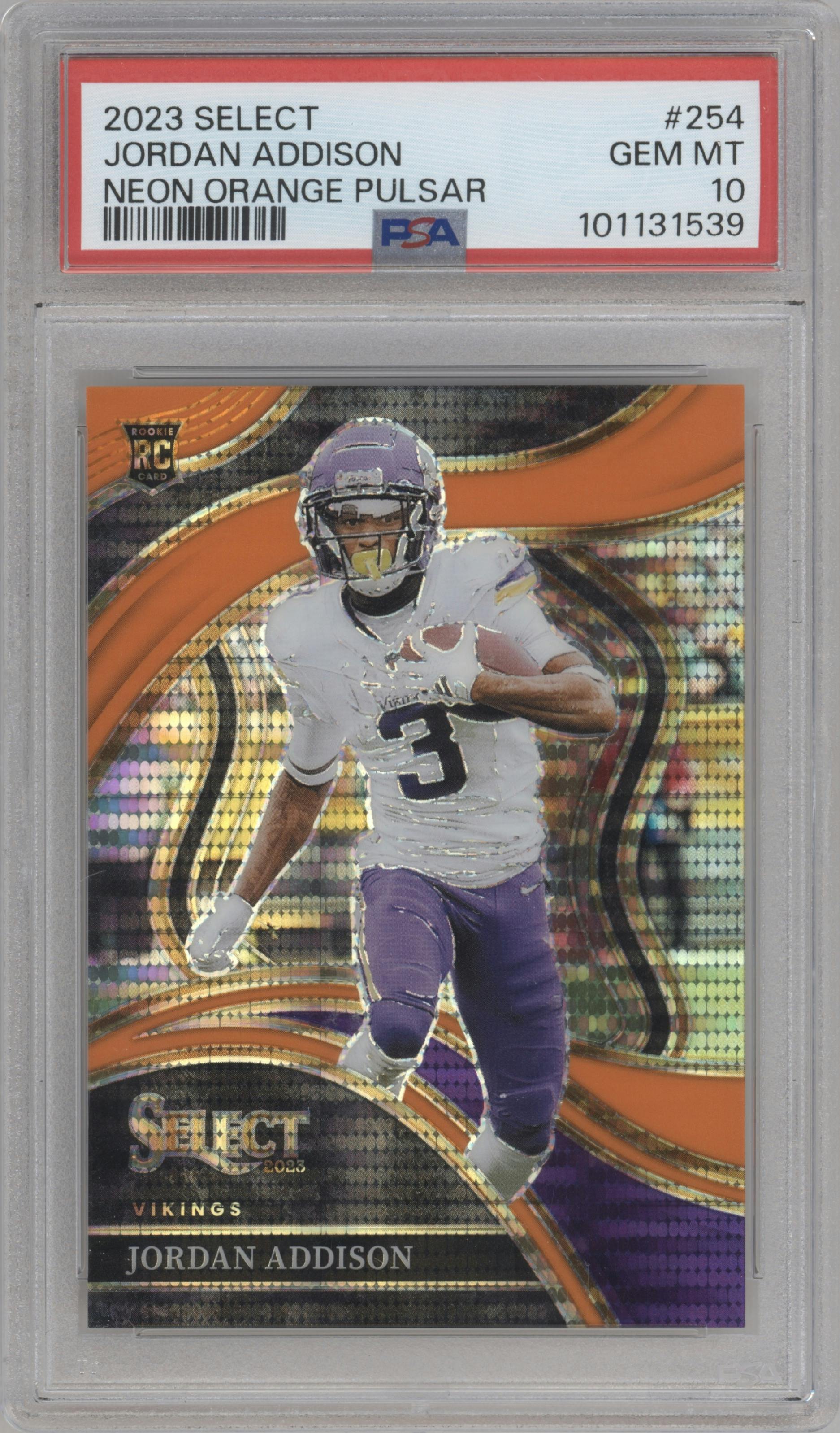 Jordan Addison from the 2023 Panini Select set featuring a Neon Orange Pulsar Prizm parallel graded by PSA and given an overall grade of 10.