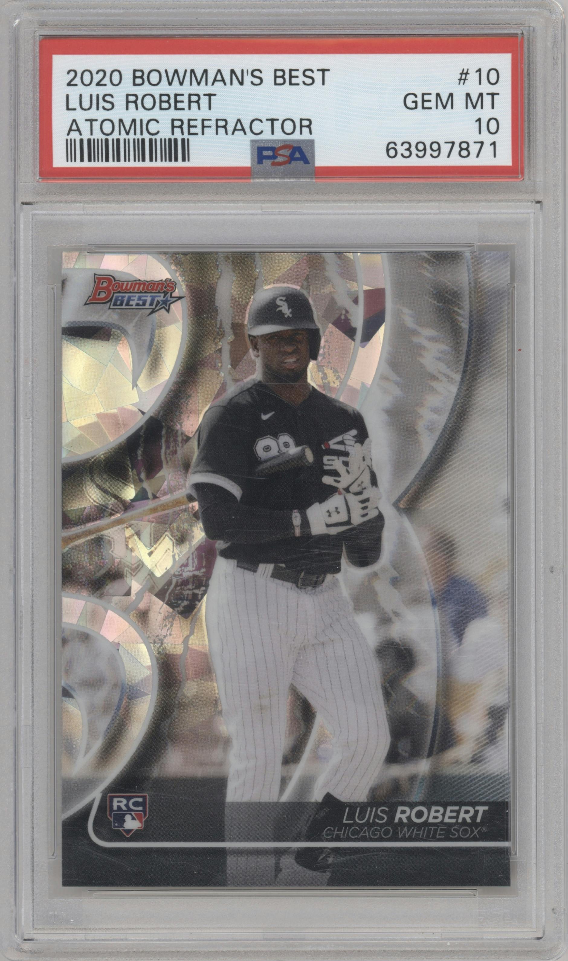 Luis Robert from the 2020 Bowman’s Best set featuring a Atomic Refractor parallel graded by PSA and given an overall grade of 10.