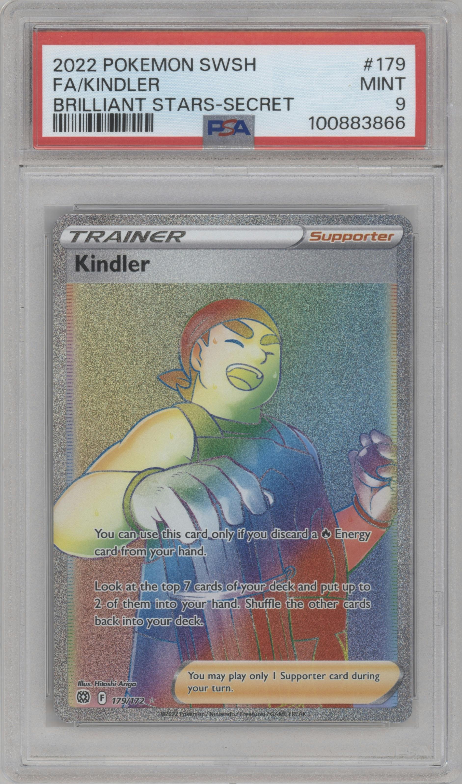 Kindler from the 2022 Pokemon SWSH set graded by PSA and given an overall grade of 9.