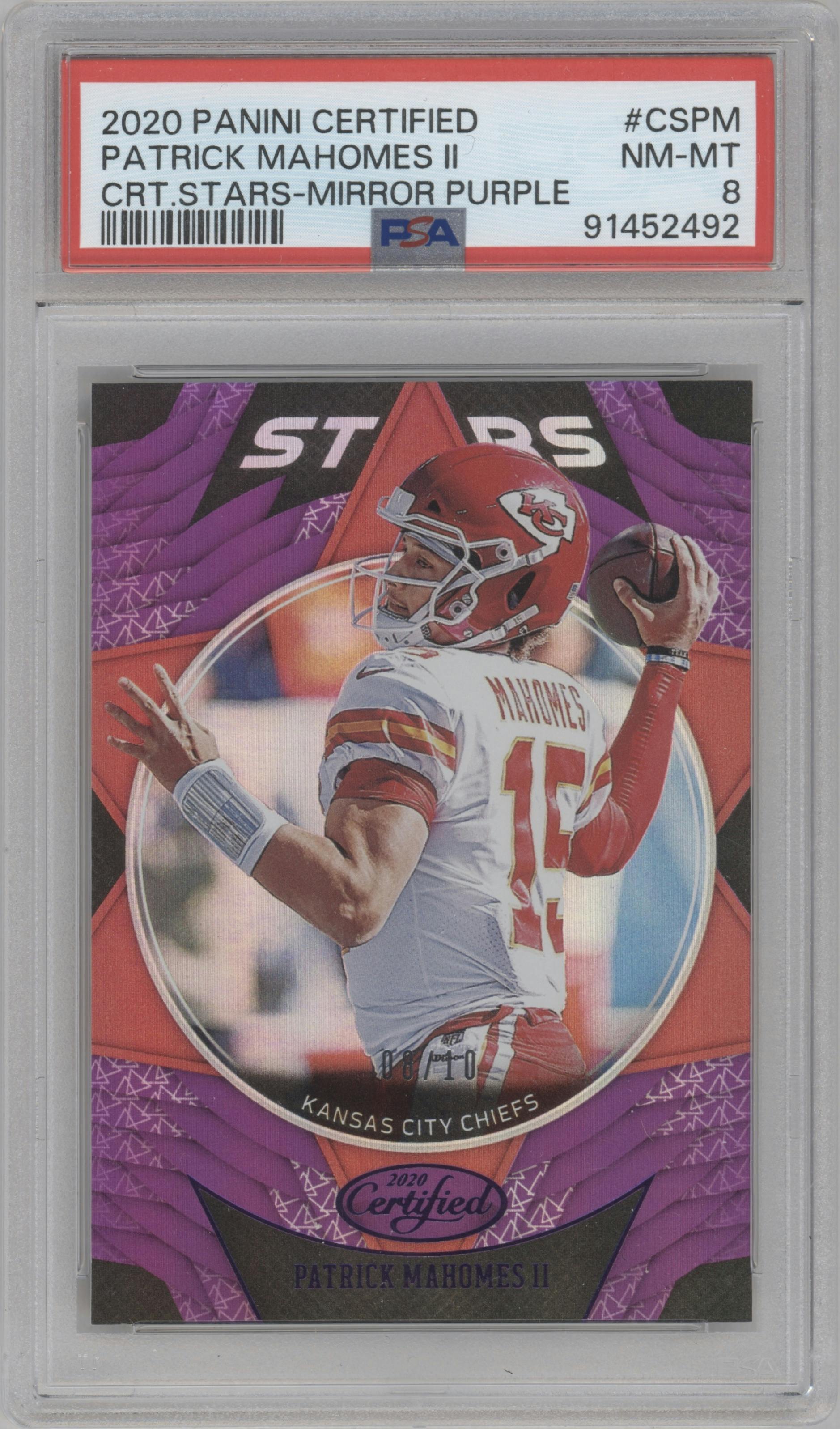 Patrick Mahomes II from the 2020 Panini Certified set featuring a Mirror Purple parallel graded by PSA and given an overall grade of 8.
